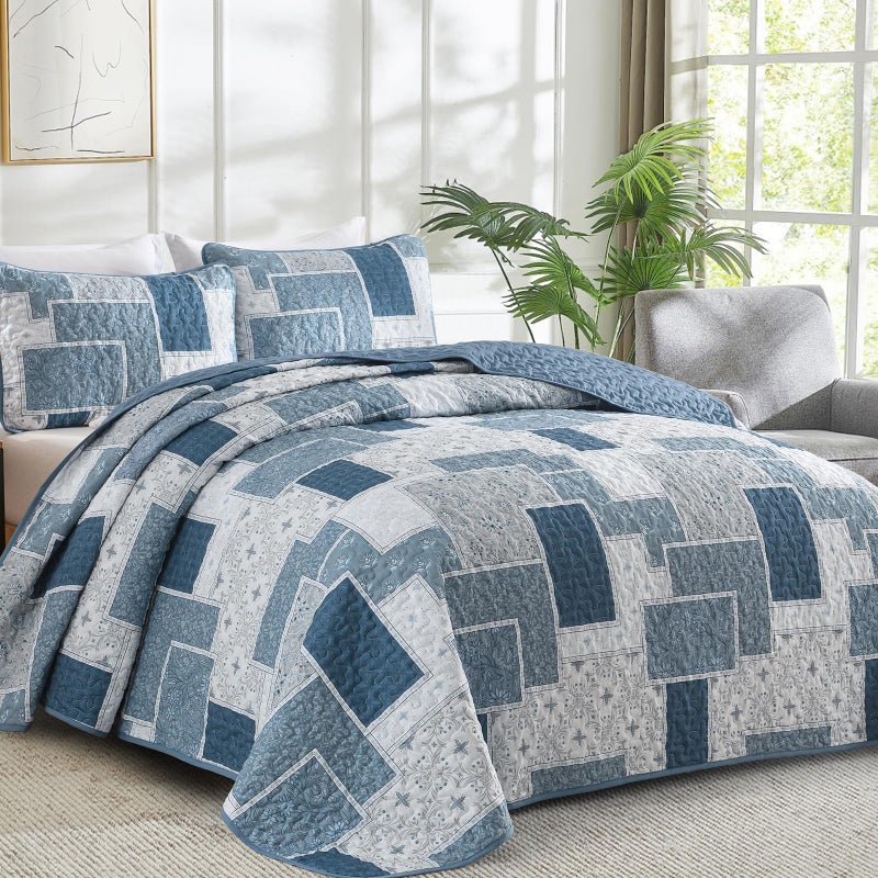 Xruibed Blue Boho Quilt Set Queen Size,3 Pieces Plaid Floral Bedspread Coverlet Set for All Season,Patchwork Reversible Bedding Set Microfiber Coverlet Set for All Season (Queen 96"x90") - Image 2