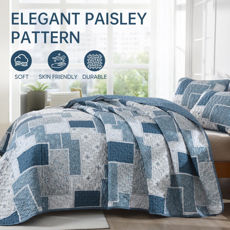 Xruibed Blue Boho Quilt Set Queen Size,3 Pieces Plaid Floral Bedspread Coverlet Set for All Season,Patchwork Reversible Bedding Set Microfiber Coverlet Set for All Season (Queen 96"x90") - Image 3