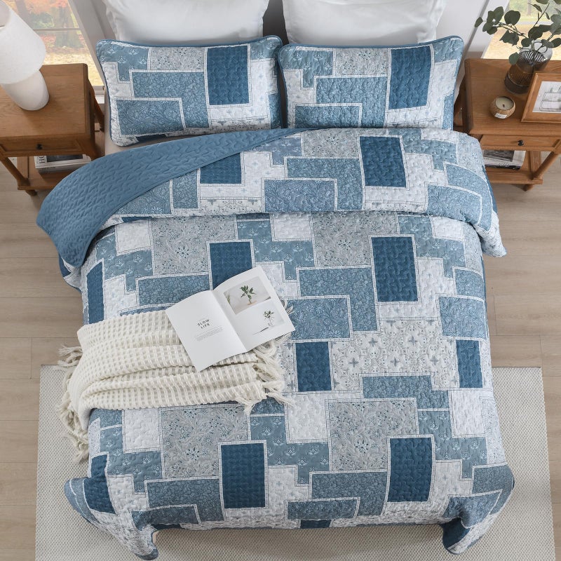 Xruibed Blue Boho Quilt Set Queen Size,3 Pieces Plaid Floral Bedspread Coverlet Set for All Season,Patchwork Reversible Bedding Set Microfiber Coverlet Set for All Season (Queen 96"x90") - Image 4