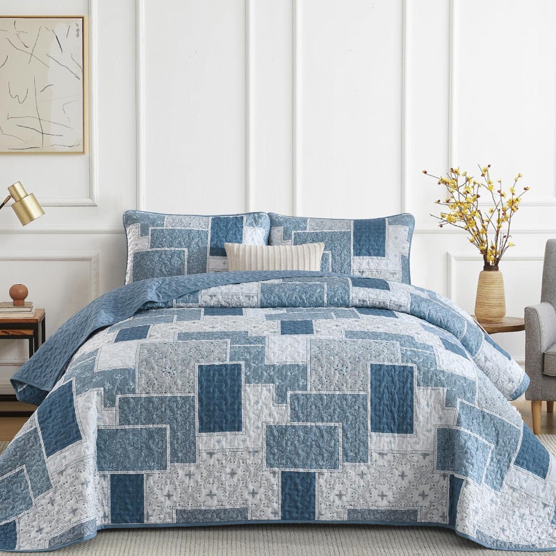 Xruibed Blue Boho Quilt Set Queen Size,3 Pieces Plaid Floral Bedspread Coverlet Set for All Season,Patchwork Reversible Bedding Set Microfiber Coverlet Set for All Season (Queen 96"x90") - Image 1