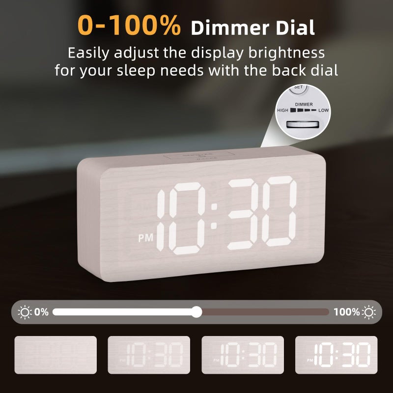 uscce Wooden Digital Alarm Clocks for Bedrooms: Dimmable Dual Alarm Clock with Large Numbers for Bedside Desk - Loud Alarm for Heavy Sleepers with Volume Control - Wood Decor & Gifts - Image 4