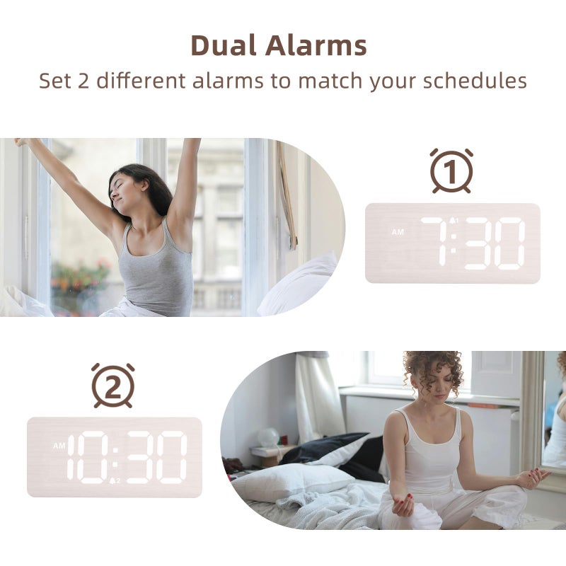 uscce Wooden Digital Alarm Clocks for Bedrooms: Dimmable Dual Alarm Clock with Large Numbers for Bedside Desk - Loud Alarm for Heavy Sleepers with Volume Control - Wood Decor & Gifts - Image 5