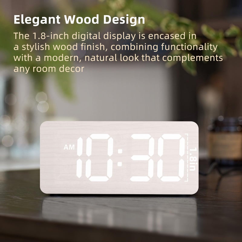 uscce Wooden Digital Alarm Clocks for Bedrooms: Dimmable Dual Alarm Clock with Large Numbers for Bedside Desk - Loud Alarm for Heavy Sleepers with Volume Control - Wood Decor & Gifts - Image 2