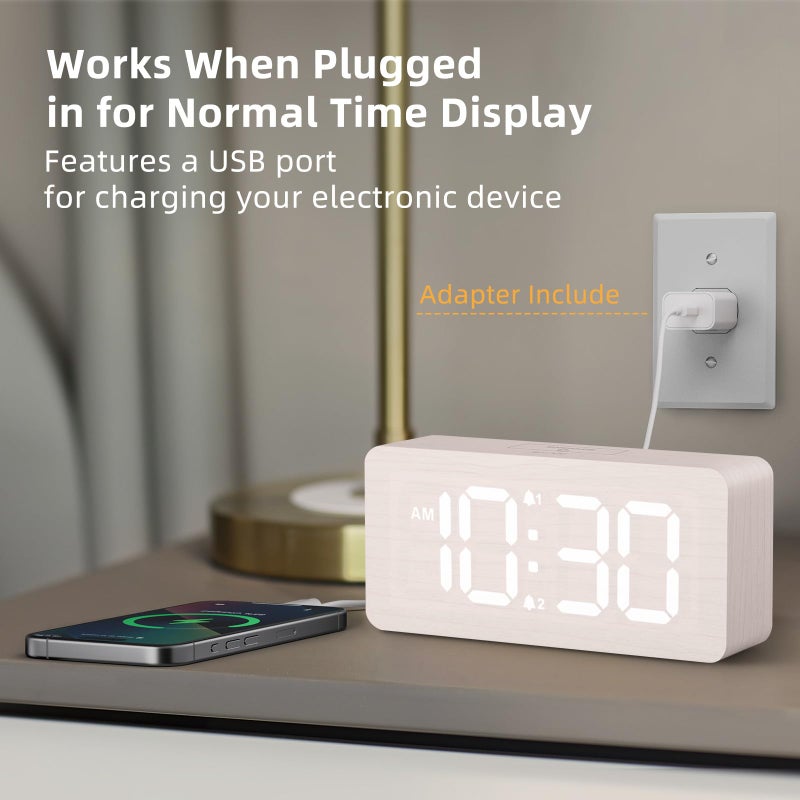 uscce Wooden Digital Alarm Clocks for Bedrooms: Dimmable Dual Alarm Clock with Large Numbers for Bedside Desk - Loud Alarm for Heavy Sleepers with Volume Control - Wood Decor & Gifts - Image 3