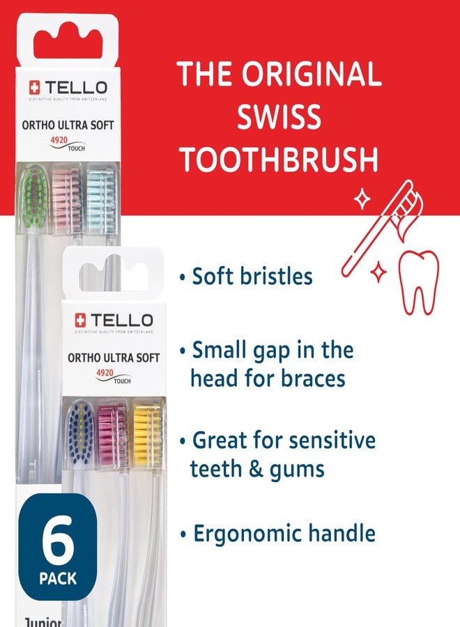 TELLO Adult Soft Ortho Toothbrush for Gentle Cleaning with Ergonomic Handle, Made in Switzerland, Colors Vary, 6-Pack - Image 3