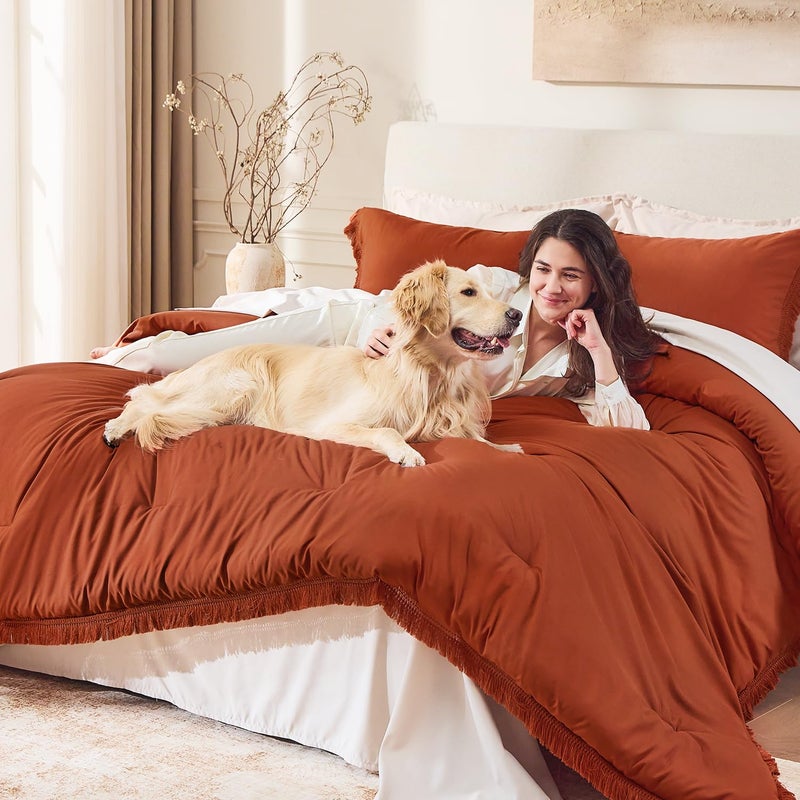 Andency King Size Comforter Set Burnt Orange, 3 Pieces Boho Terracotta Soft Lightweight Bedding Comforter Sets, Rust Tassel All Season Bed Set (104x90In Comforter & 2 Pillowcases) - Image 3
