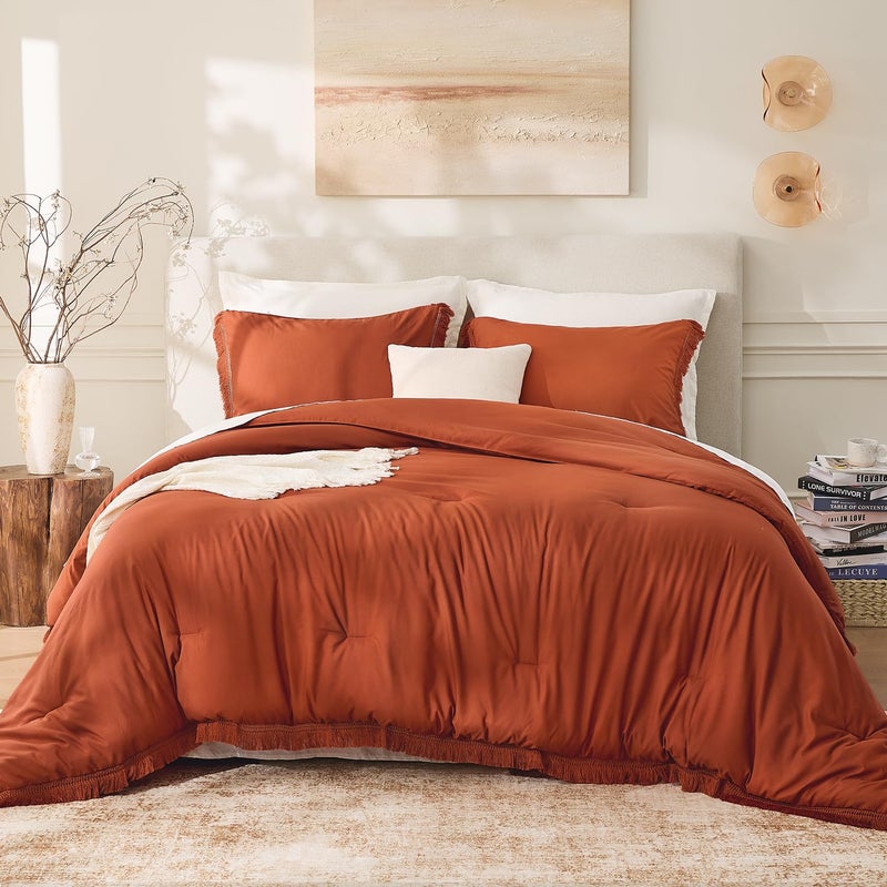 Andency King Size Comforter Set Burnt Orange, 3 Pieces Boho Terracotta Soft Lightweight Bedding Comforter Sets, Rust Tassel All Season Bed Set (104x90In Comforter & 2 Pillowcases) - Image 2