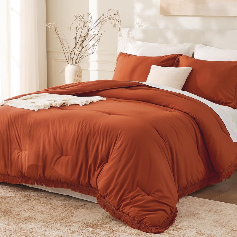 Andency King Size Comforter Set Burnt Orange, 3 Pieces Boho Terracotta Soft Lightweight Bedding Comforter Sets, Rust Tassel All Season Bed Set (104x90In Comforter & 2 Pillowcases) - Image 1