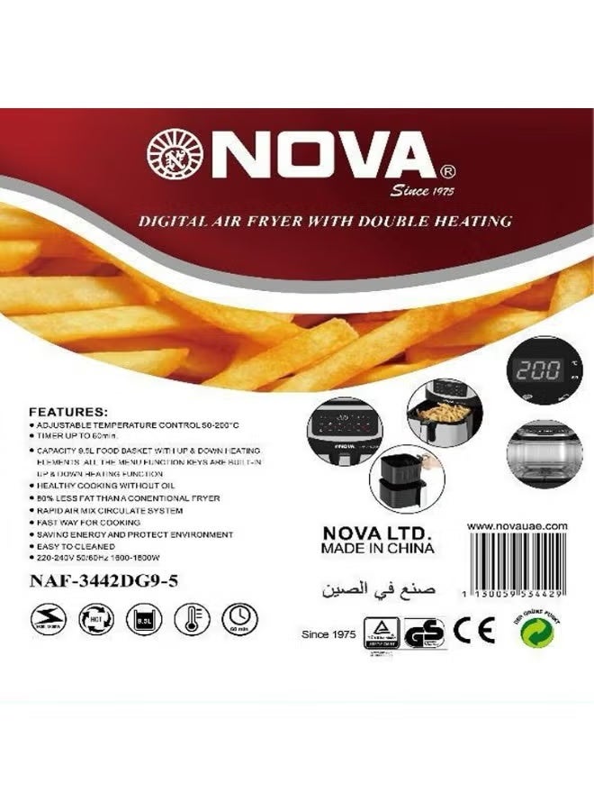 Nova Digital Air Fryer 9.5L Large Capacity, Oil-Free Hot Air Fryer with Touch Control, Adjustable Temperature & Timer, Rapid Air Circulation, Easy-Clean Cooking Basket, Family Size Kitchen Appliance - Image 2