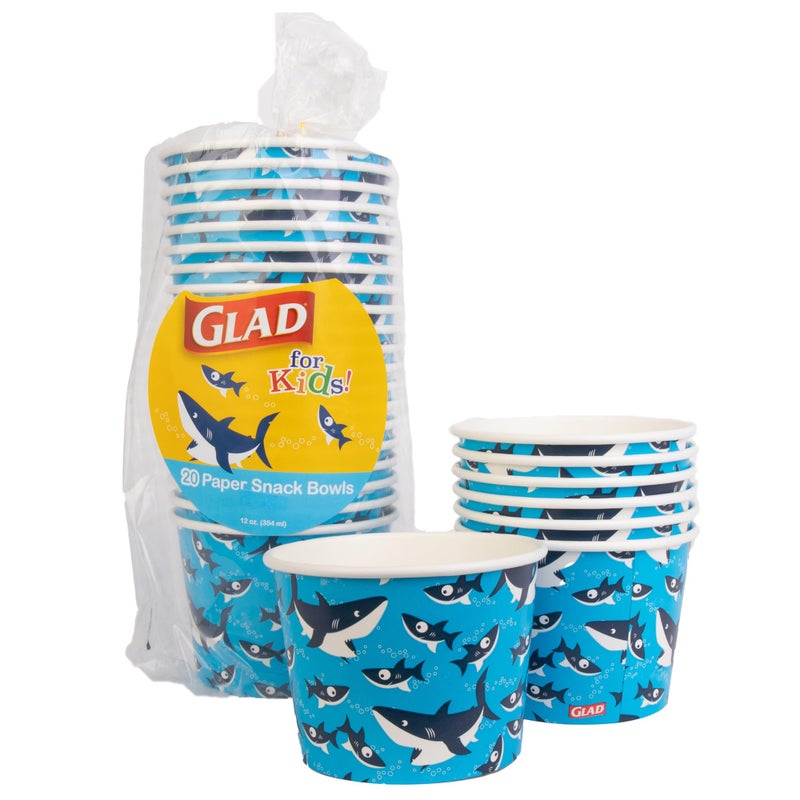 Glad Disposable Paper Snack Cups in Shark Design | Snack Cup Paper Bowls for Kids | 12 Oz Paper Bowl Microwavable Soak Proof Snack Cups Disposable Bowls, 20 Count, Blue (No Lid) - Image 1
