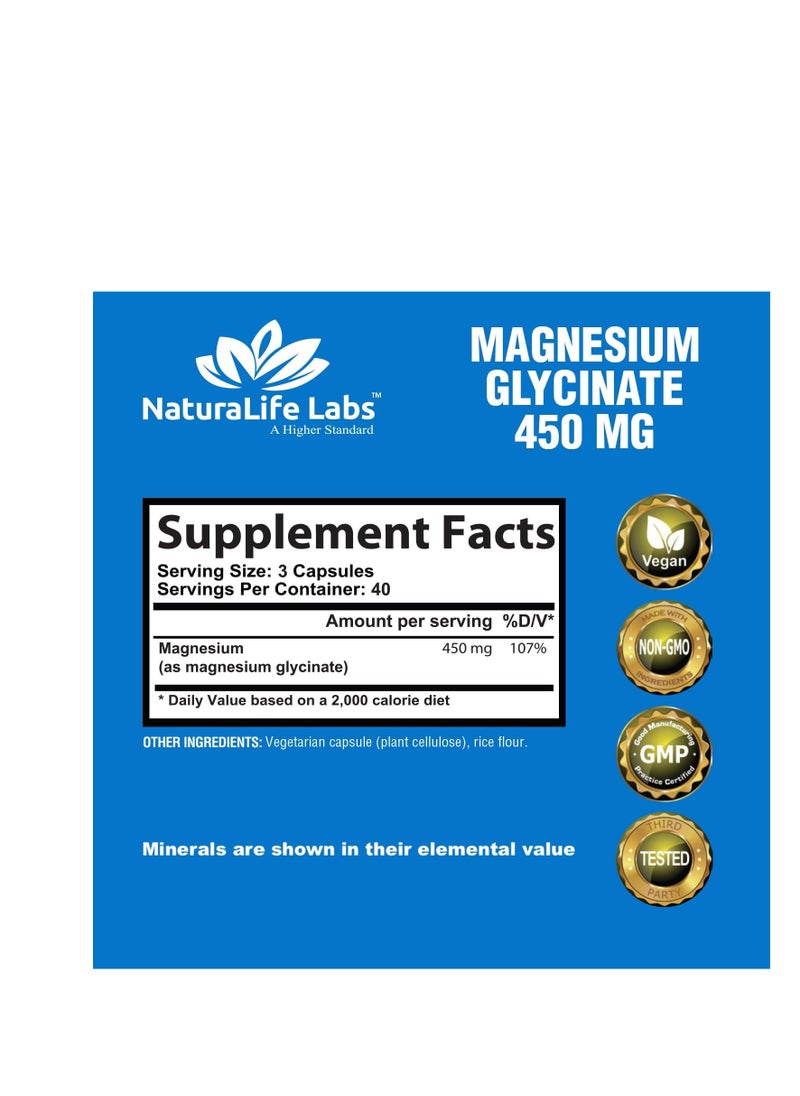 NaturaLife Labs - Magnesium Glycinate 450 MG No Laxative Effect - Vegan - Helps Function of Muscles, Bones, Non-GMO - 120 Veggie Capsules - Image 1