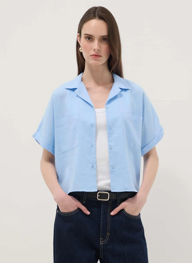 Ovs OVS Light Blue Linen And Viscose Blend Shirt, Regular Fit
