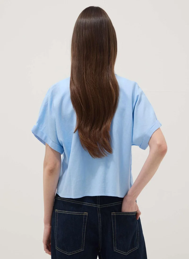 Ovs  OVS Light Blue Linen And Viscose Blend Shirt, Regular Fit for Women | Best Price UAE