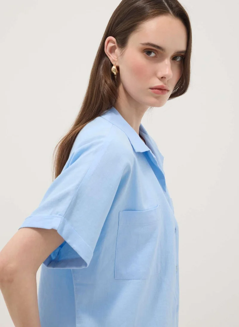 Ovs  OVS Light Blue Linen And Viscose Blend Shirt, Regular Fit for Women | Best Price UAE