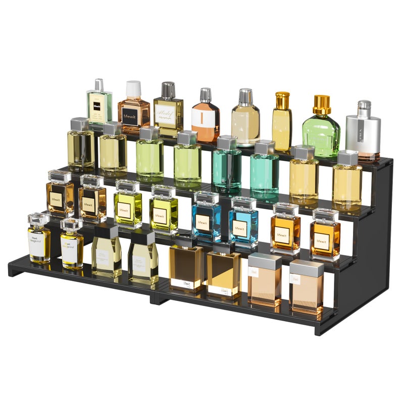 حامل عطور بلاستيكي 12 بوصة داكن للعرض بدون تجميع لأدوات تنظيم العطور والعناية بالبشرة والتماثيل والحلويات للاستخدام على طاولة الزينة أو الخزانة 2 مجموعة