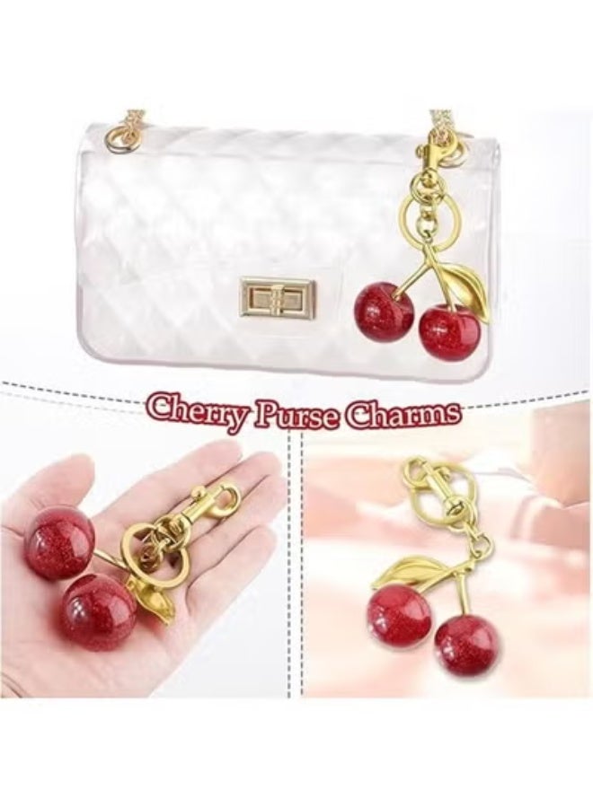 Glitter Cherry Bag Charm with Key Ring and Clip Sparkling Resin Metal Accessory for Purses and Bags - Image 2