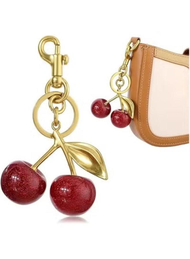 Glitter Cherry Bag Charm with Key Ring and Clip Sparkling Resin Metal Accessory for Purses and Bags - Image 1