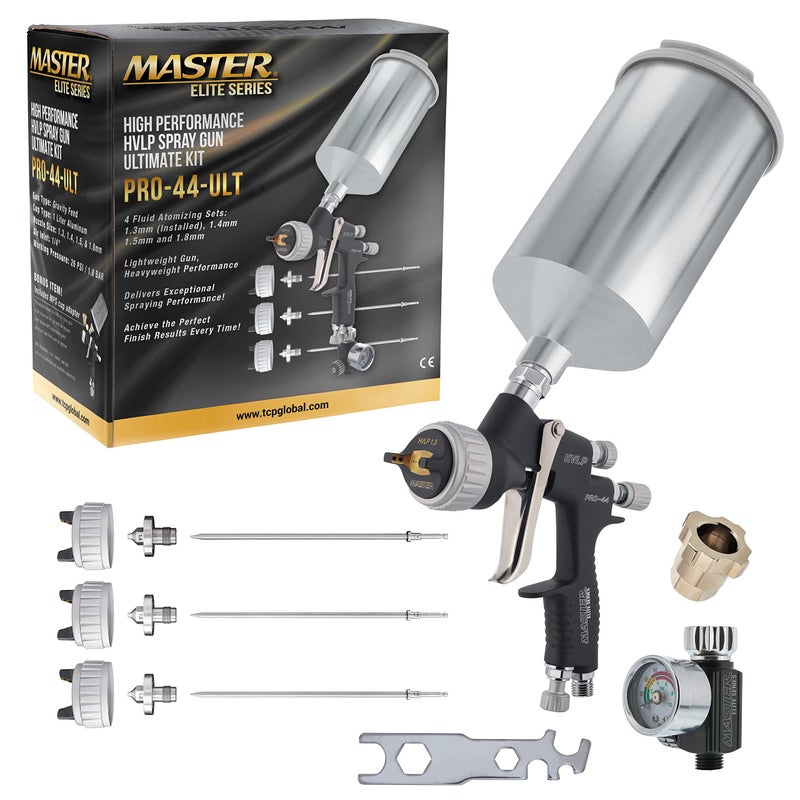 Master Airbrush Master Elite Performance PRO44 HVLP Spray Gun Ultimate Kit with 4 Fluid Tips 13 14 15 18mm Automotive Spray Paint Gun for Painting Basecoats Clearcoats Primers Advanced Atomization - Image 2