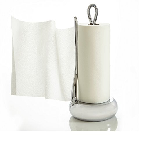 nambe Loop Towel Holder | Paper Towel Stand for Kitchen | One-Handed Operation Countertop Roll Dispenser with Weighted Base | Standard Size Roll | Made of Acacia Wood and Metal Alloy Arm - Image 2