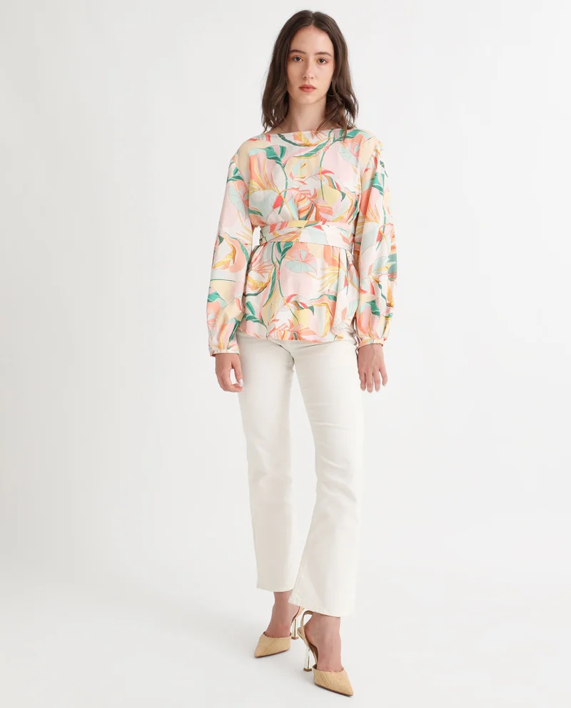 Rareism Women's Abstract Print Boat Neck Peplum Top