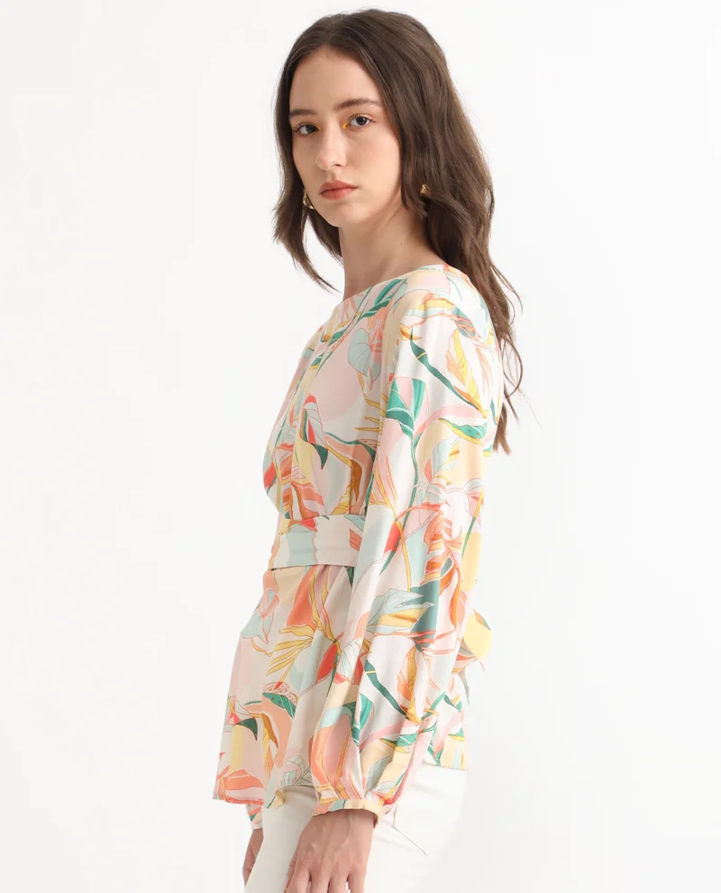 Rareism Women's Abstract Print Boat Neck Peplum Top