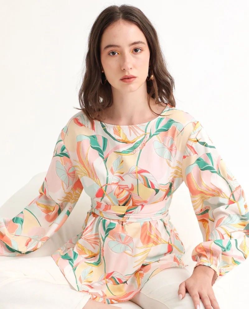Rareism Women's Abstract Print Boat Neck Peplum Top