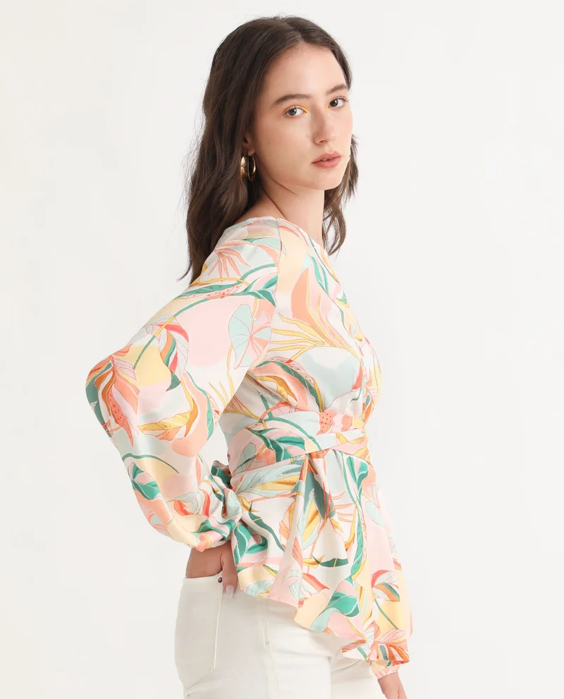 Rareism Women's Abstract Print Boat Neck Peplum Top