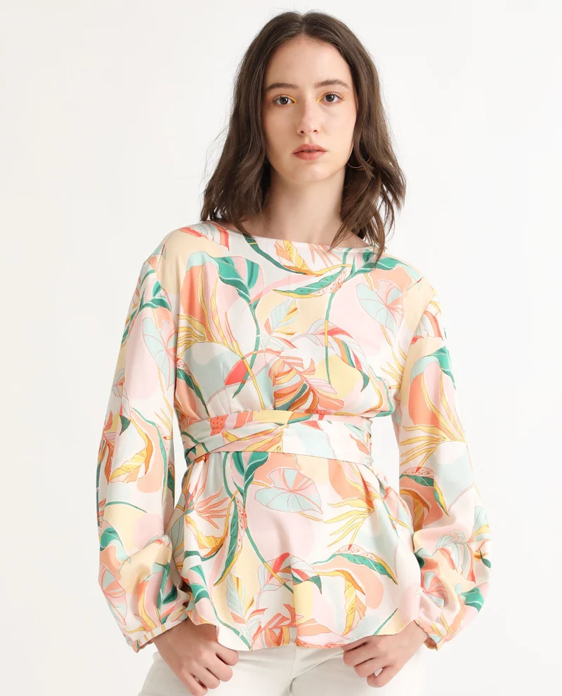 Rareism Women's Abstract Print Boat Neck Peplum Top