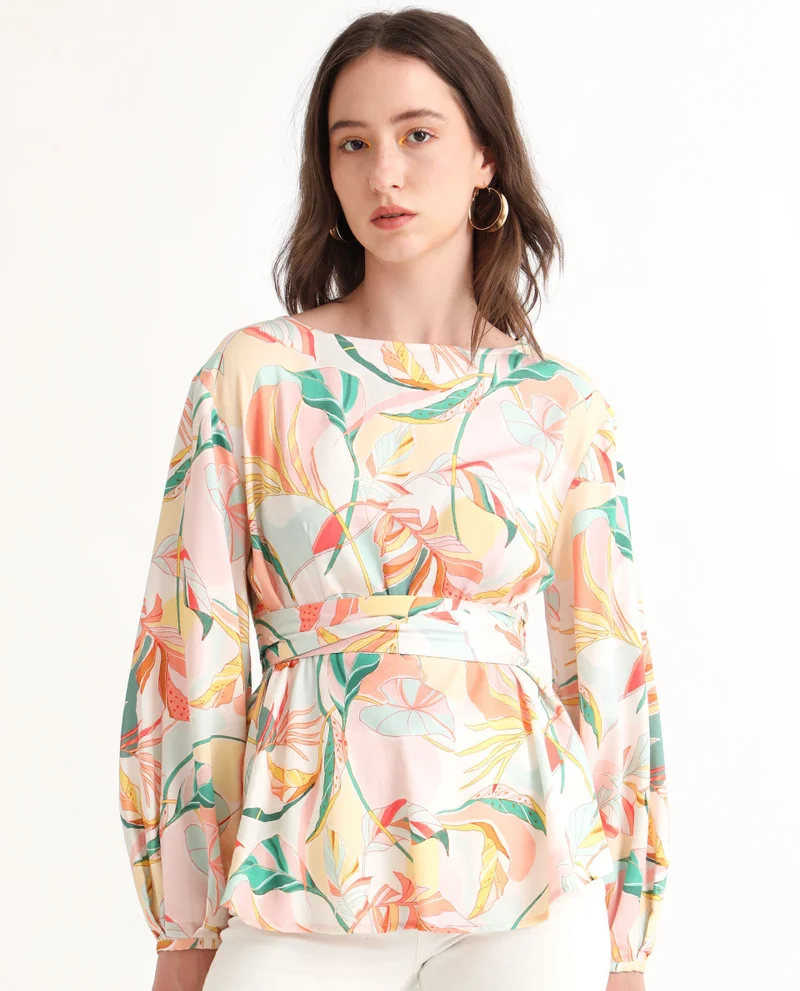 Rareism Women's Abstract Print Boat Neck Peplum Top