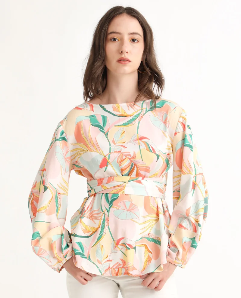 Rareism Women's Abstract Print Boat Neck Peplum Top