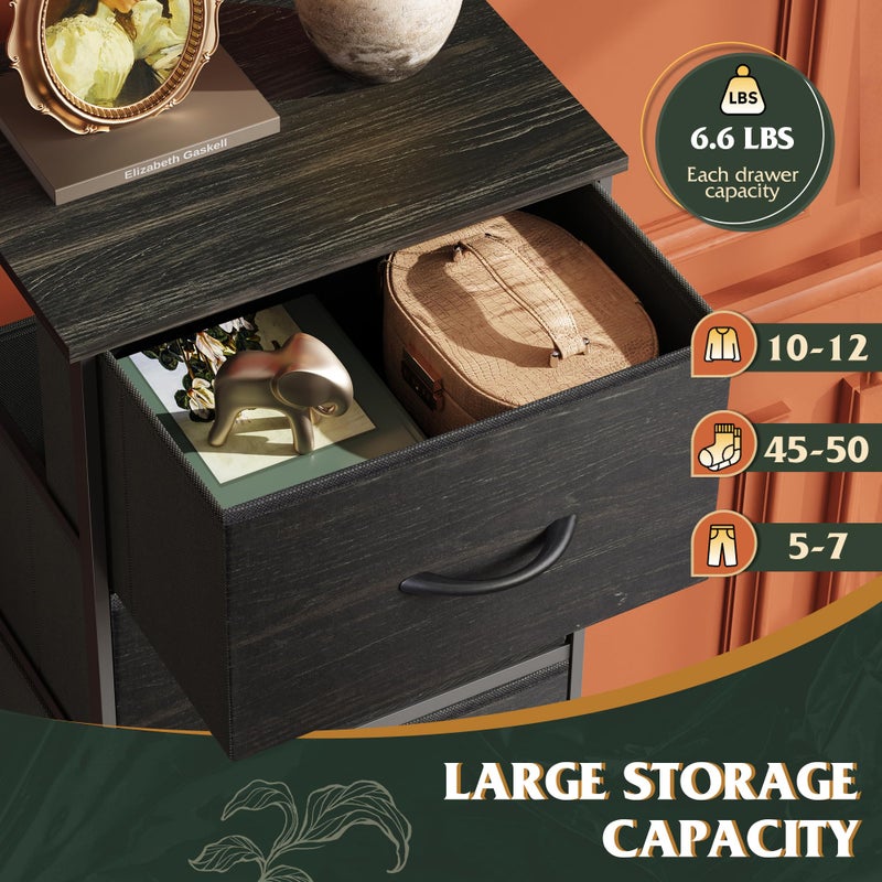 WLIVE Fabric Dresser, 5-Drawer Tall Dressers for Bedroom, Storage Dresser Organizer with Wood Top, Sturdy Steel Frame, Chest of Drawers for Closet, Hallway, Charcoal Black Wood Grain Print - Image 4