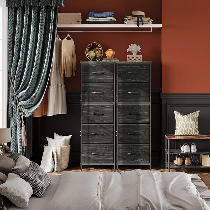 WLIVE Fabric Dresser, 5-Drawer Tall Dressers for Bedroom, Storage Dresser Organizer with Wood Top, Sturdy Steel Frame, Chest of Drawers for Closet, Hallway, Charcoal Black Wood Grain Print - Image 3