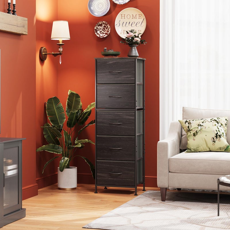 WLIVE Fabric Dresser, 5-Drawer Tall Dressers for Bedroom, Storage Dresser Organizer with Wood Top, Sturdy Steel Frame, Chest of Drawers for Closet, Hallway, Charcoal Black Wood Grain Print - Image 2