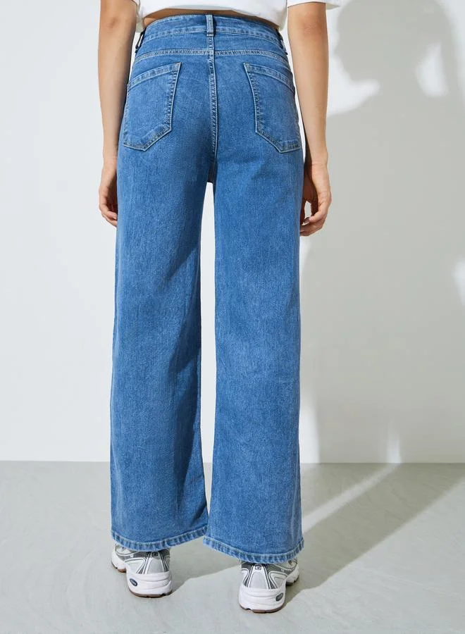 Styli Medium Blue Medium Blue Super Stretch Twill Cotton Wide Leg Jeans for Women | Best Price UAE