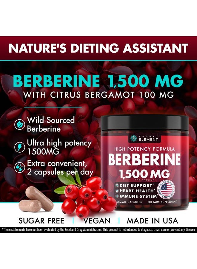 SECRET ELEMENT - Berberine HCL Supplement 1500 mg, High Potency Vegan Capsules with Beet Root, Citrus Bergamot & Black Currant, Non-GMO, 180 Capsules - Image 1