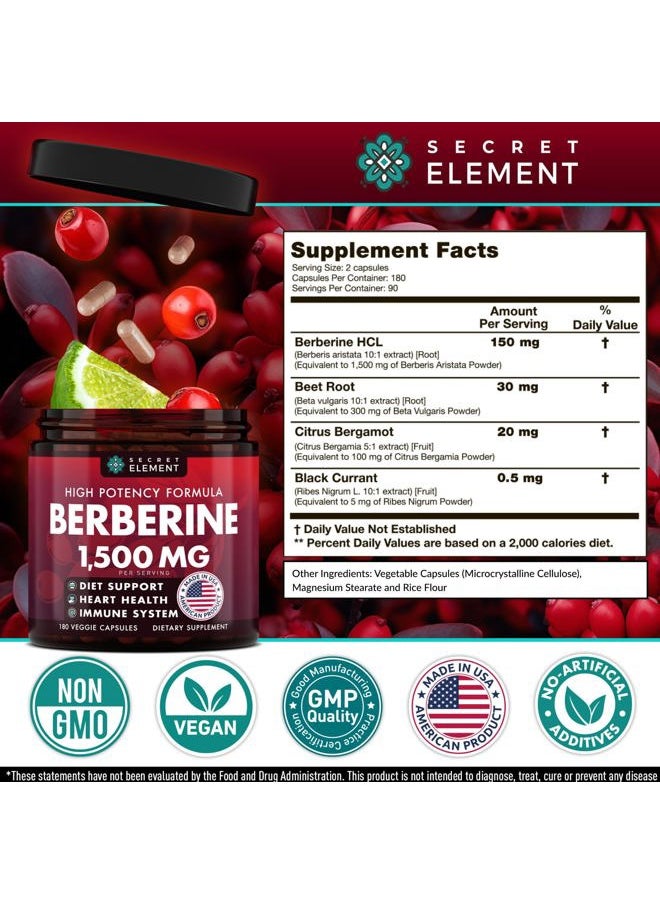 SECRET ELEMENT - Berberine HCL Supplement 1500 mg, High Potency Vegan Capsules with Beet Root, Citrus Bergamot & Black Currant, Non-GMO, 180 Capsules - Image 1