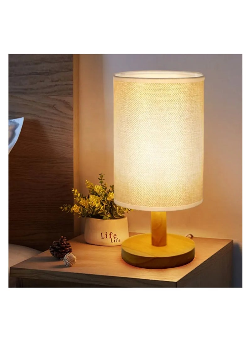 USB Desk Lamp Bedside Lamp Wooden Night Light with Round Fabric Lampshade for Home, Bedroom, Living Room, Office - Image 1