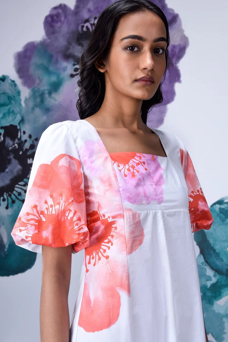 Genes Lecoanet Hemant Anemone Flower Regular Fit Dress- White Coral