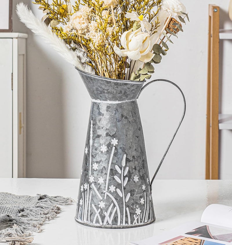 Vintage Galvanized Metal Pitcher Vase Farmhouse Rustic Flower Vase with Handle Decorative Floral Milk Jug Vase for Home Dcor 108H