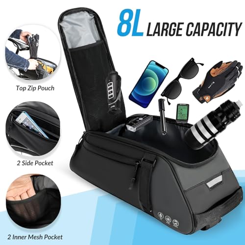WOTOW Reflective Rear Rack Bag, Water Resistant Bike Saddle Panniers for Bicycles Ebike, 8L Trunk Cycling Back Seat Cargo Carrier Storage Pouch With Shoulder Strap for Travel Commute - Image 4