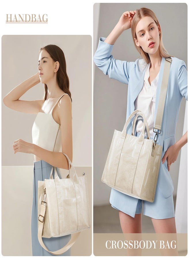 DIXEIGHT PVC Tote Bag Women Kraft Paper Large Purse Zipper Shoulder Crossbody Bag Travel Work Handbags with Top Handle, Beige, One size - Image 2