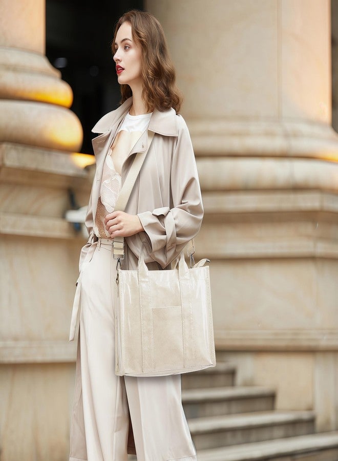 DIXEIGHT PVC Tote Bag Women Kraft Paper Large Purse Zipper Shoulder Crossbody Bag Travel Work Handbags with Top Handle, Beige, One size - Image 3