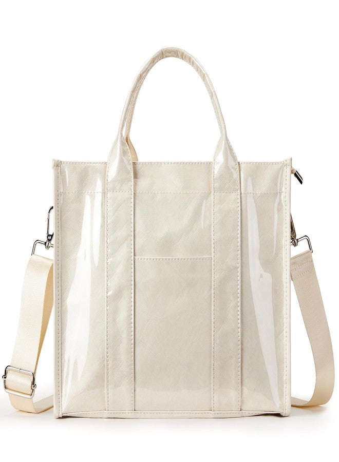 DIXEIGHT PVC Tote Bag Women Kraft Paper Large Purse Zipper Shoulder Crossbody Bag Travel Work Handbags with Top Handle, Beige, One size - Image 1