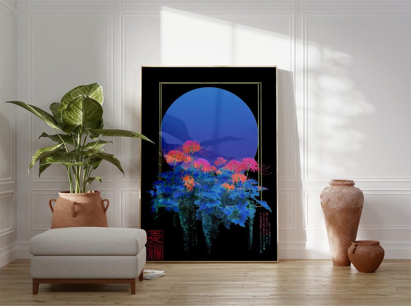 TNESSENTIAL Japanese Cyberpunk Poster, Neon Botanical Wall Art Print, Blue and Pink Gradient Moon Design, Futuristic Nature Decor for Modern Homes - Image 4