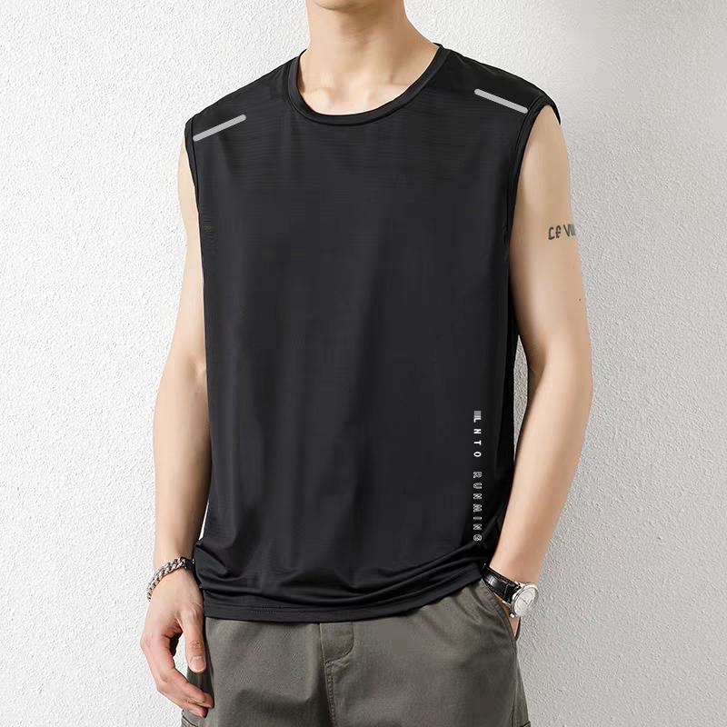 Ice Silk Vest Mens Trendy Thin Round Neck Mesh Breathable Quick-drying Sports Wide Waistcoat Mens Sleeveless Summer Pure black [two-pole vest]] 