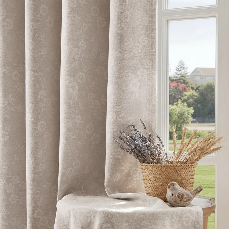 Beauoop Beige Floral Jacquard Blackout Curtains 84 Inches Long 2 Panels for Living Room Bedroom Chenille Flower Room Darkening Thermal Insulated Soundproof Grommet Window Drapes, 52x84 Set of 2 - Image 1