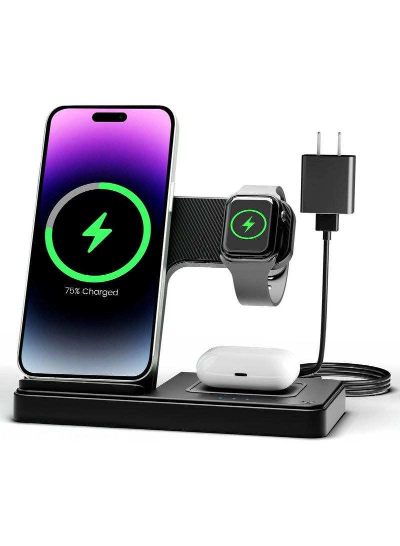محطة شحن الشاحن اللاسلكي iPhone: 3 في 1 شاحن حاملات متعددة لـ Apple - iPhone 16e 16 15 14 Pro Max 13 12 11 - Watch 10 9 8 7 6 5 4 3 2 SE و Ultra Series - AirPods 4 3 2 Pro - Image 1