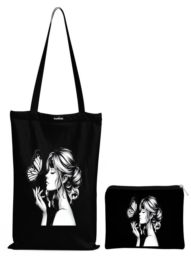 TrendoPrint حقيبة تسوق سوداء مطبوعة صديقة للبيئة من تريندوبرينت، مقاس 14 × 16 بوصة، مع حقيبة مكياج، مناسبة للجامعة والتسوق والسفر (TB150) - Image 1