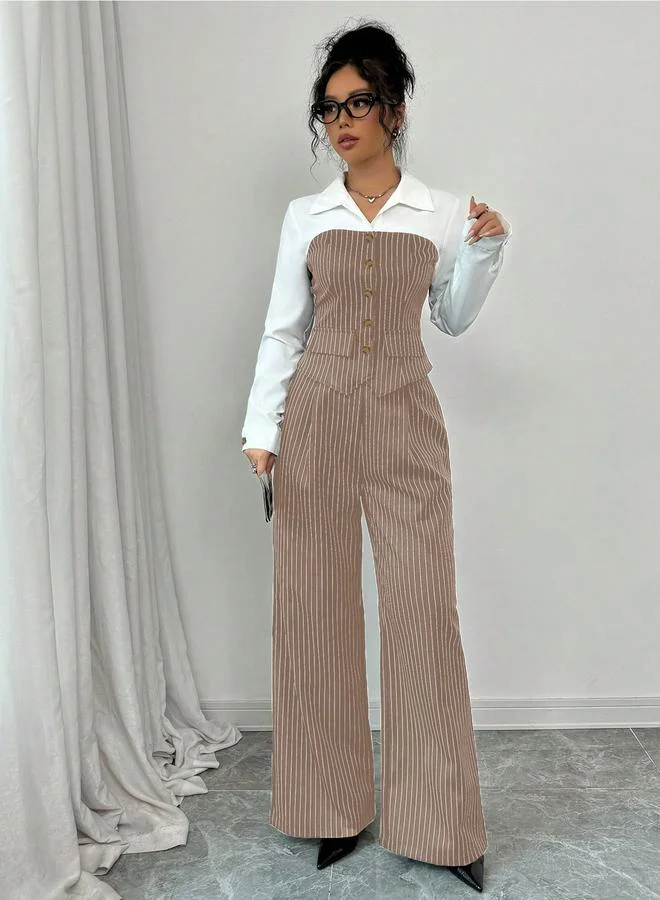 Take Two Take Two Beige Pinstripe Shirt and Trousers Co-Ords