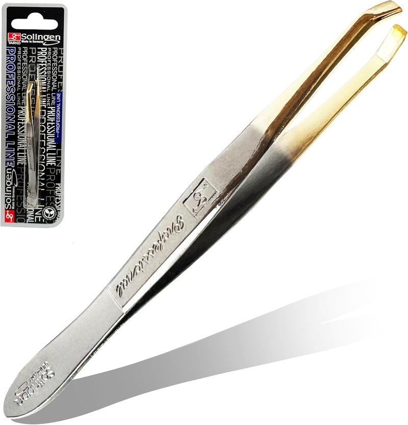 solingen Tweezers for Eyebrows | Slanted Tip | Professional Stainless Steel |Slanted Tip Tweezers | Best Shaped for Eyebrows Extensions Chin Cheek Face Facial Hair | Made in Germany (Nickel-Gold) - Image 1